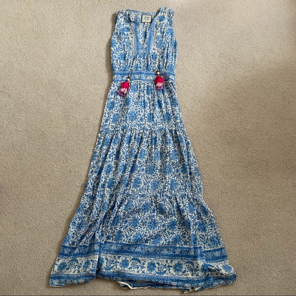Blue & white Silk block print maxi dress
